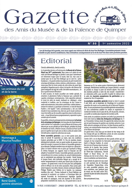 Gazette des Amis du Musée et de la Faïence de Quimper n°50 (1er semestre 2022).